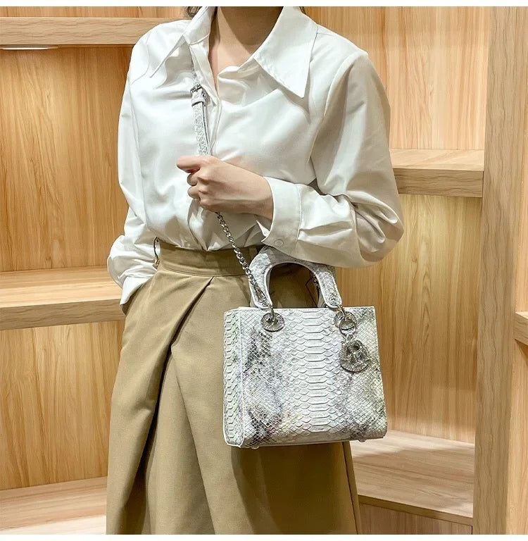 2024 New Luxury Snake Pattern Handbag Women's Fashionable Chain Shoulder Crossbody Bag True Leather Handbags