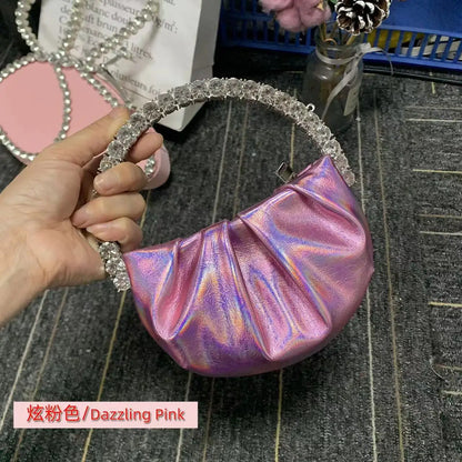 Luxury Circular Metal Handle Mini Bag Women Handbag Glitter Shiny Rhinestone Evening Bag Wedding Party Clutch Purse Shoulder Bag