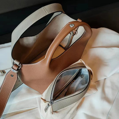 TOGO Cowhide Bucket Bag With Niche Design Color Blocking Luxury Designer Single Shoulder Diagonal Cross Women's Bag Tote Bag