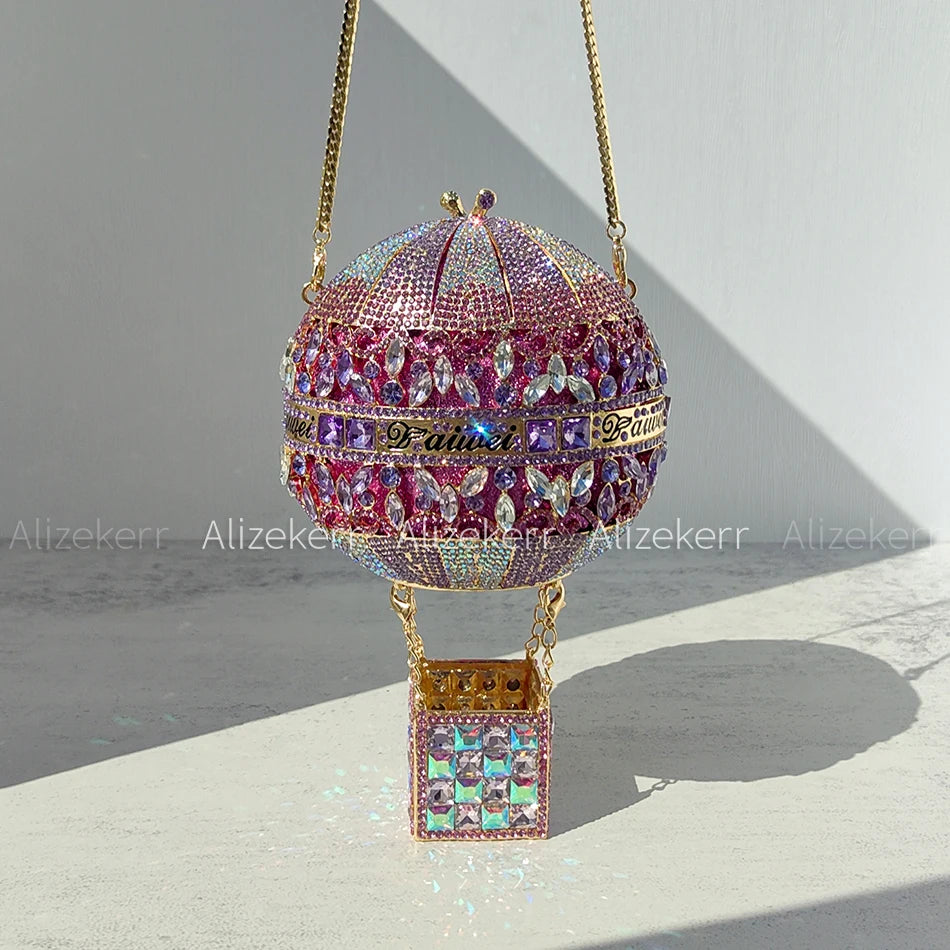 Alizekerr Hot Air Balloon Shaped Crystal Evening Bags Women Luxury Classy Unique Rhinestone Circular Clutch Purses Wedding Party