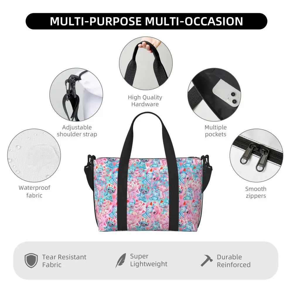 Custom Large SLilo And Stitch Cartoon Tote Bag Women Anime Shopping Shoulder Beach Gym Travel Bag
