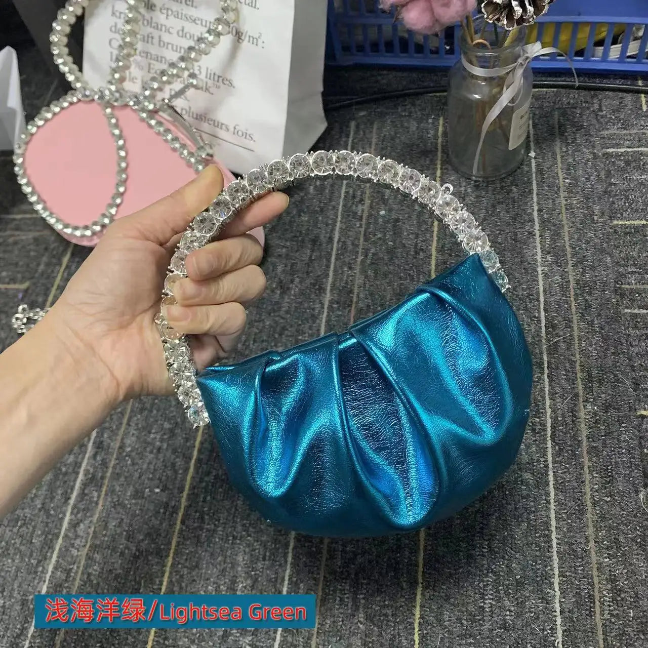 Luxury Circular Metal Handle Mini Bag Women Handbag Glitter Shiny Rhinestone Evening Bag Wedding Party Clutch Purse Shoulder Bag