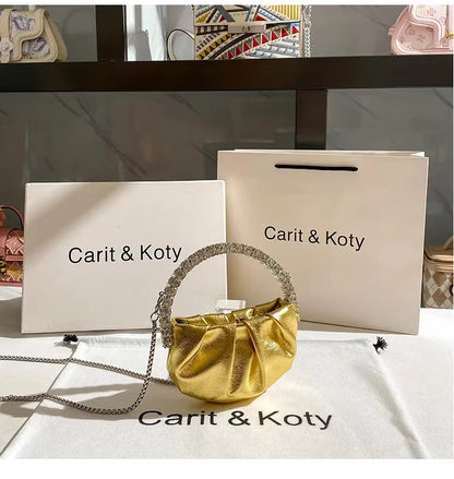 Luxury Circular Metal Handle Mini Bag Women Handbag Glitter Shiny Rhinestone Evening Bag Wedding Party Clutch Purse Shoulder Bag