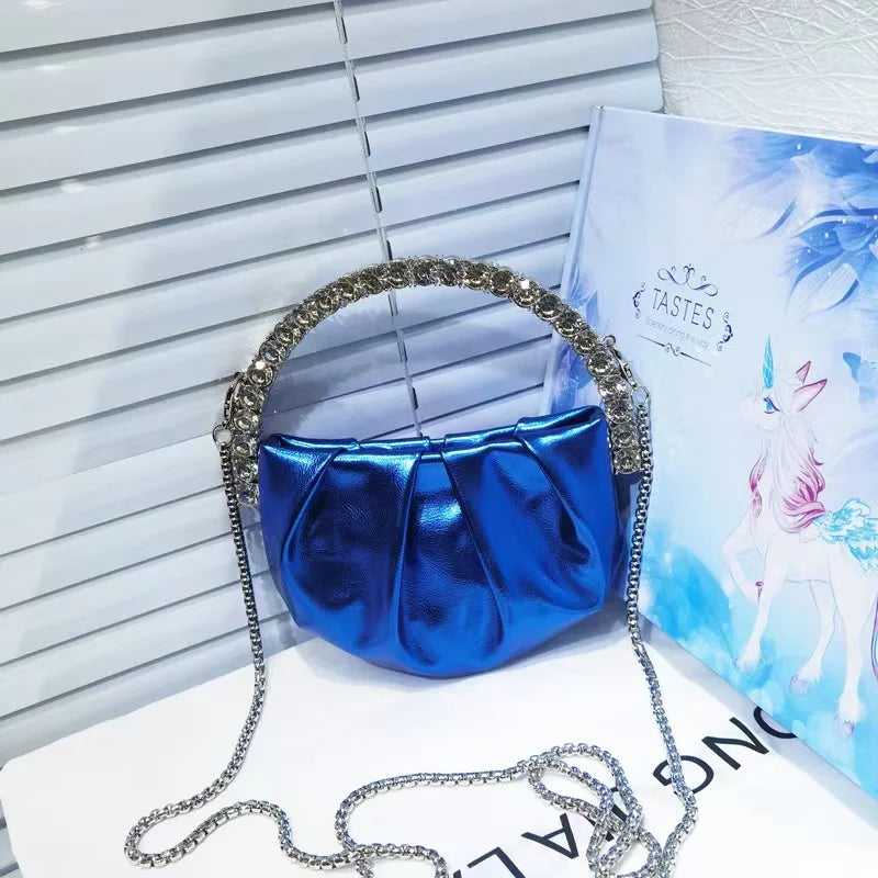 Luxury Circular Metal Handle Mini Bag Women Handbag Glitter Shiny Rhinestone Evening Bag Wedding Party Clutch Purse Shoulder Bag