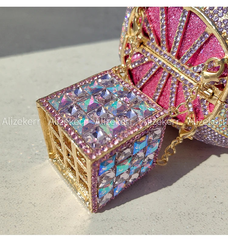 Alizekerr Hot Air Balloon Shaped Crystal Evening Bags Women Luxury Classy Unique Rhinestone Circular Clutch Purses Wedding Party