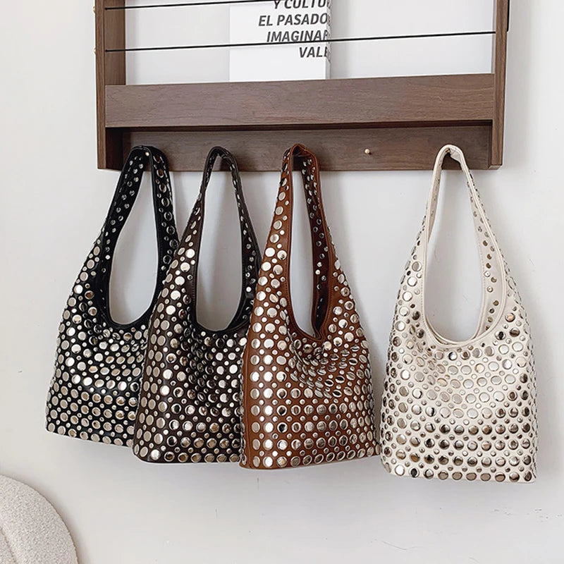 New Genuine Leather Rivet Bucket Bag Fashionabl Personality Trendy Cool Polka Dot Rivet Casual Luxury Brand Underarm Bag Handbag