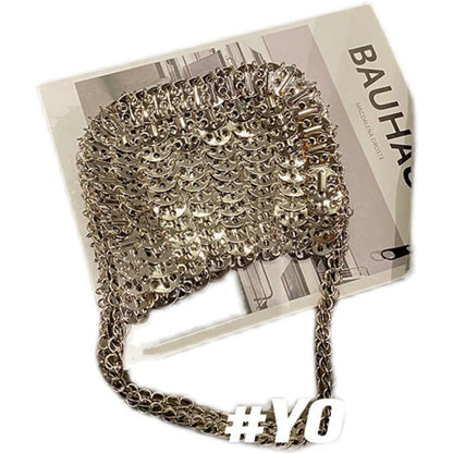 Women Bags Silver Metal Evening Bags Sequins Chain Woven Bag Hollow Clutch Purse Female Travel Holiday Shoulder Bag Handbag