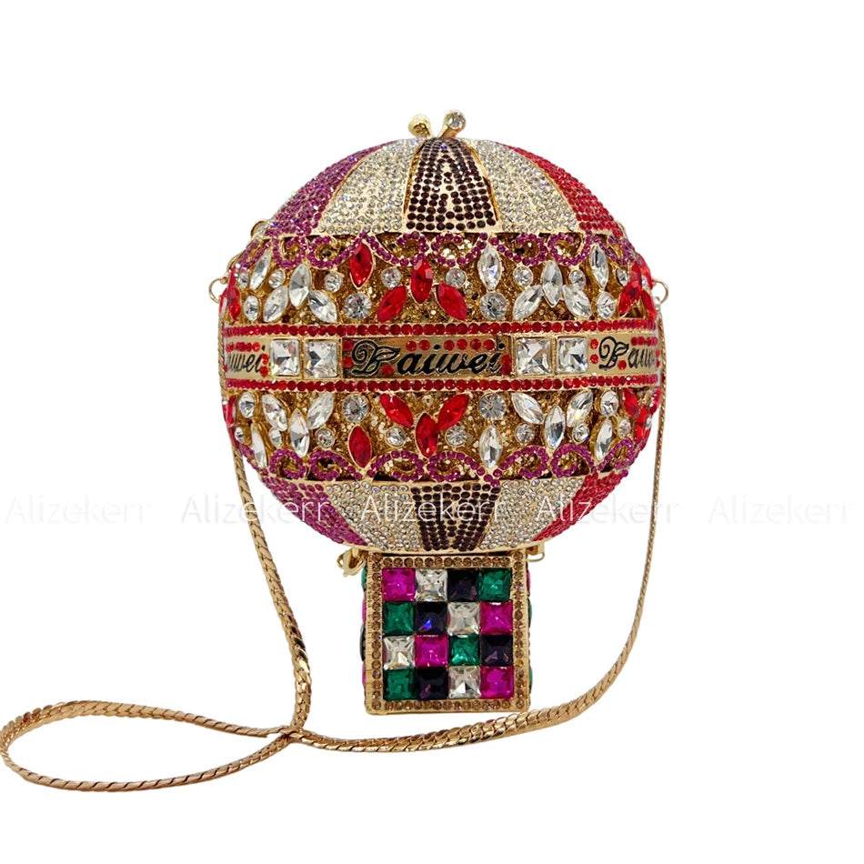 Alizekerr Hot Air Balloon Shaped Crystal Evening Bags Women Luxury Classy Unique Rhinestone Circular Clutch Purses Wedding Party