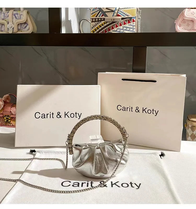 Luxury Circular Metal Handle Mini Bag Women Handbag Glitter Shiny Rhinestone Evening Bag Wedding Party Clutch Purse Shoulder Bag