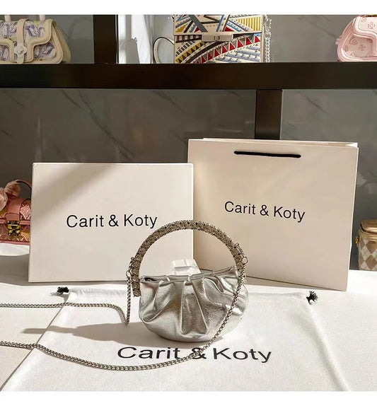 Luxury Circular Metal Handle Mini Bag Women Handbag Glitter Shiny Rhinestone Evening Bag Wedding Party Clutch Purse Shoulder Bag
