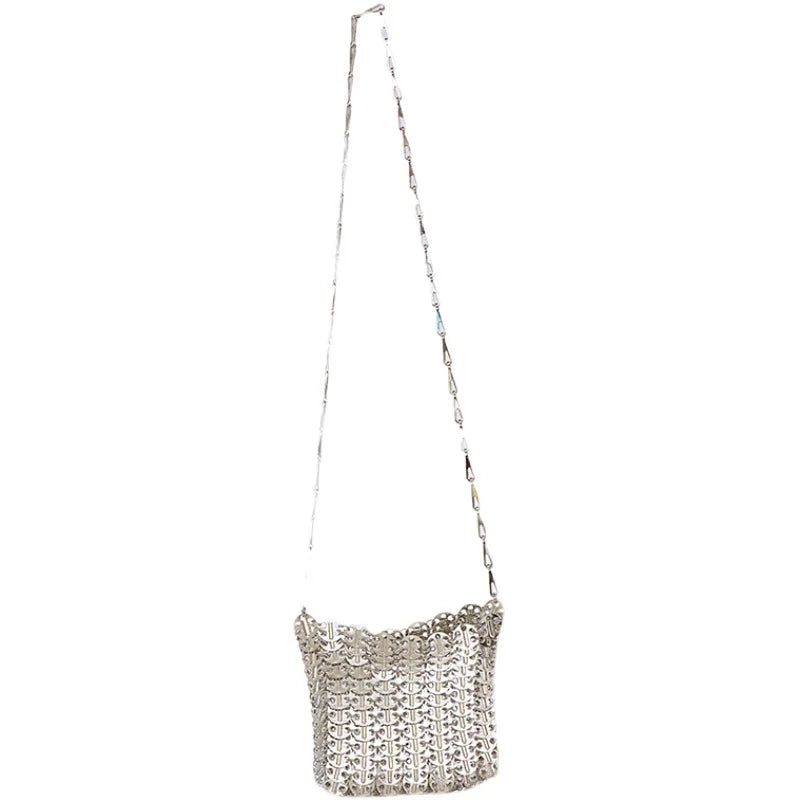 Women Bags Silver Metal Evening Bags Sequins Chain Woven Bag Hollow Clutch Purse Female Travel Holiday Shoulder Bag Handbag