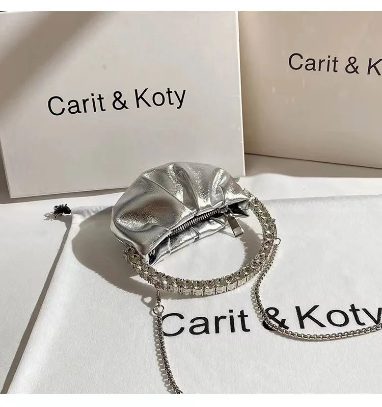 Luxury Circular Metal Handle Mini Bag Women Handbag Glitter Shiny Rhinestone Evening Bag Wedding Party Clutch Purse Shoulder Bag