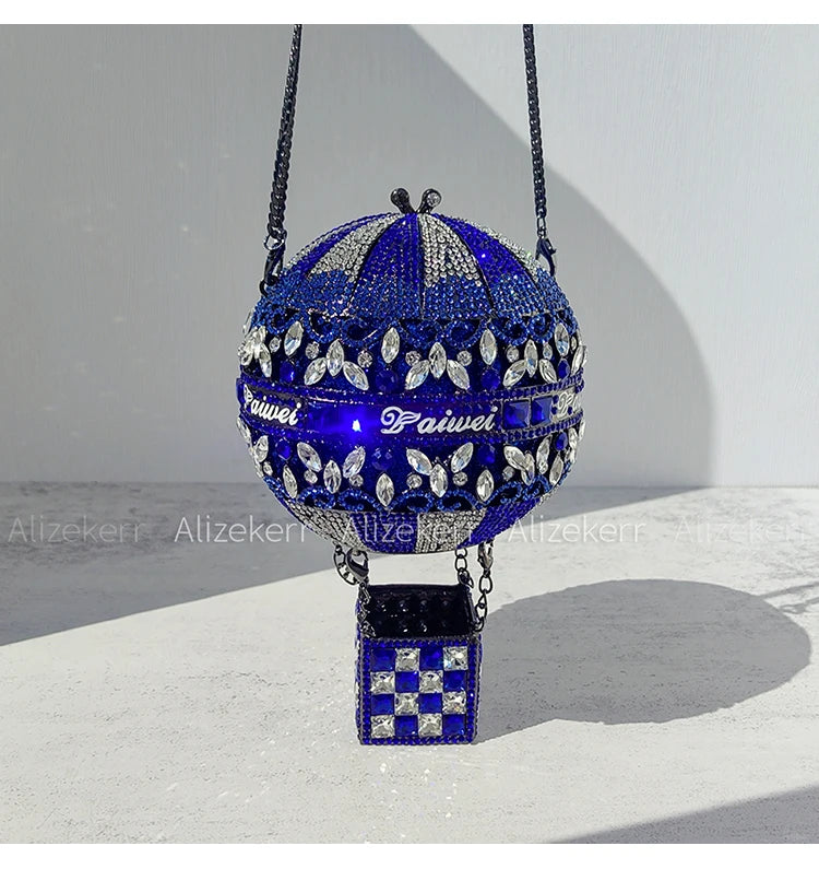 Alizekerr Hot Air Balloon Shaped Crystal Evening Bags Women Luxury Classy Unique Rhinestone Circular Clutch Purses Wedding Party