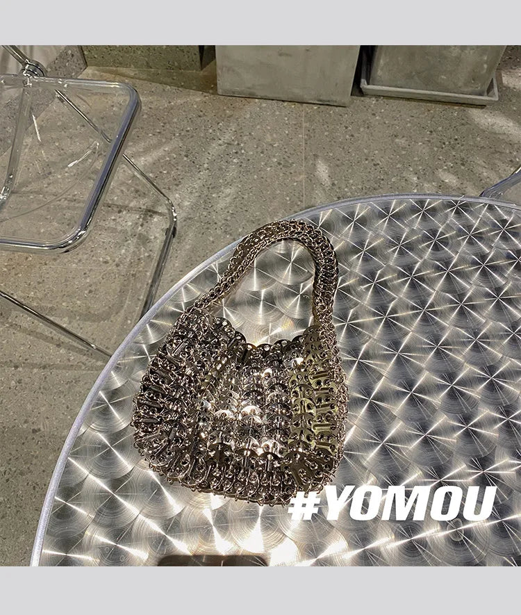 Women Bags Silver Metal Evening Bags Sequins Chain Woven Bag Hollow Clutch Purse Female Travel Holiday Shoulder Bag Handbag