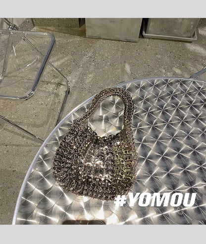 Women Bags Silver Metal Evening Bags Sequins Chain Woven Bag Hollow Clutch Purse Female Travel Holiday Shoulder Bag Handbag