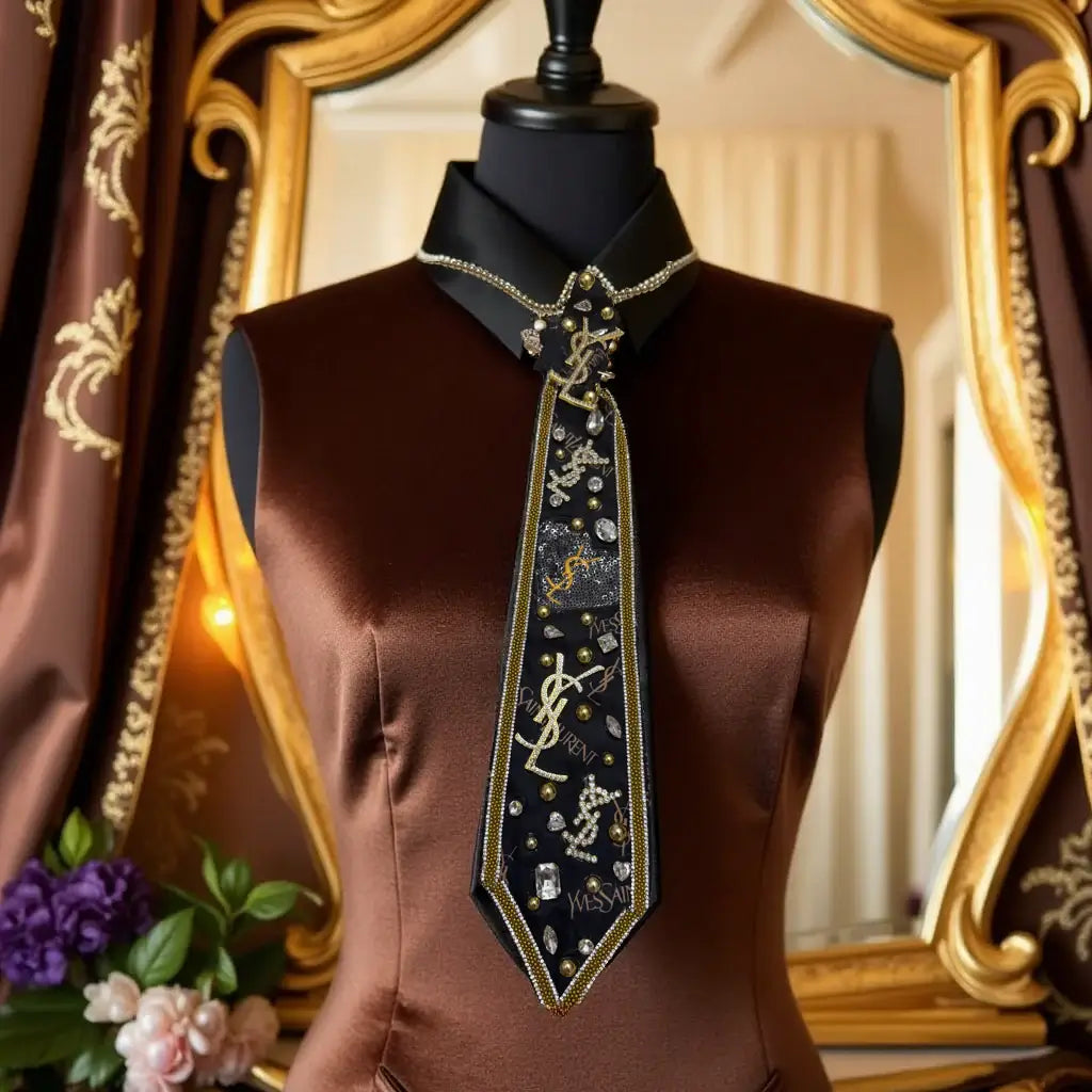 Legacy Luxe Couture Tie – Midnight Gold Crystal & Rhinestone Tie displayed on a mannequin with rich black fabric and ornate details.