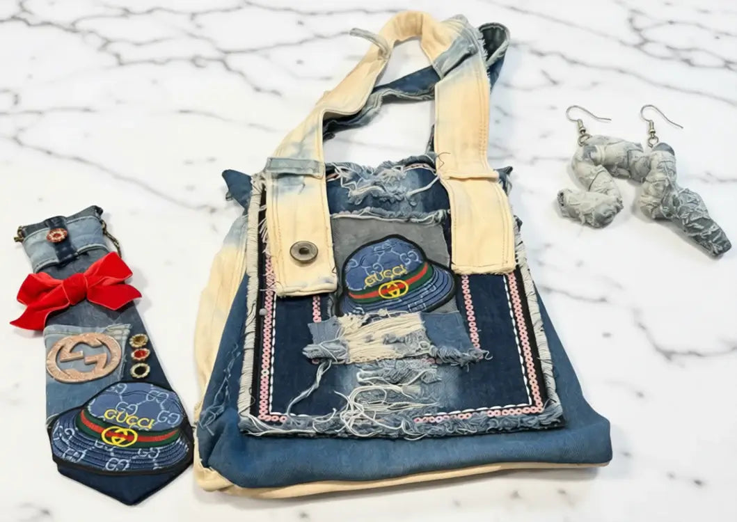 Emerald Rivet Denim Set- Legacy Dealz Exclusive · Handpicked by Jess featuring denim tie, trendy tote, and statement earrings.