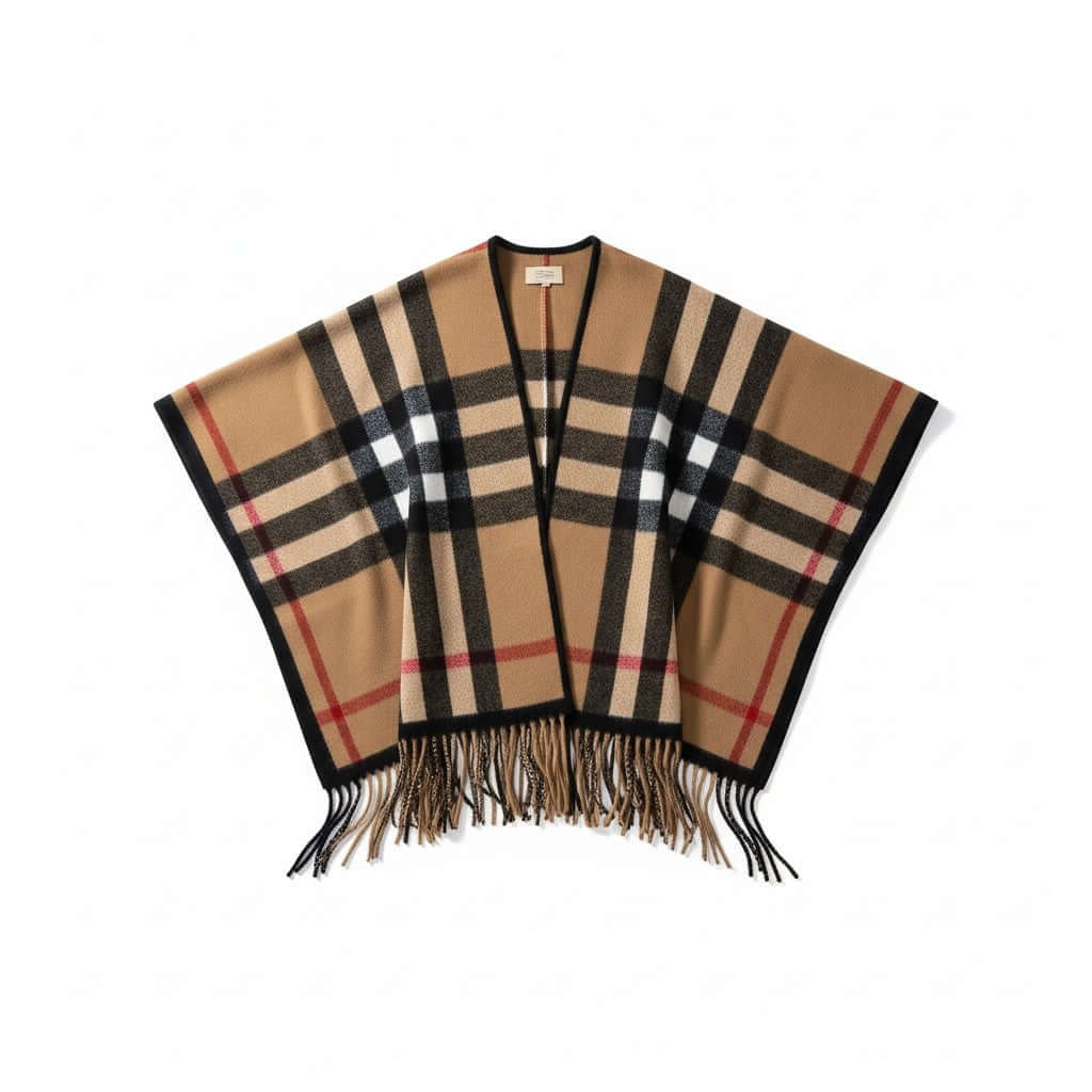 Heritage Plaid Luxe Poncho Shawl – One Size Cozy Fringe Wrap in warm taupe with classic fringe hem and open front.