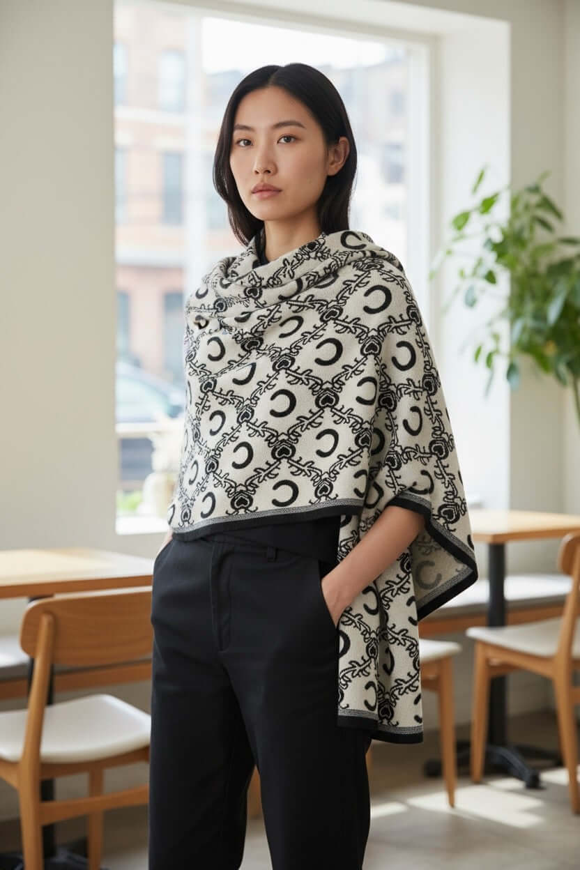 Model wearing the Royal Heritage Emblem Wrap in a cozy setting, showcasing its elegant design and plush fabric.