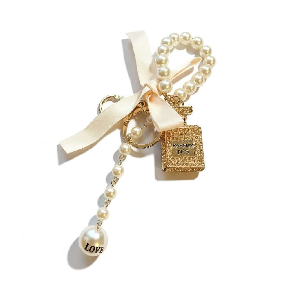 Legacy Luxe Pearl Parfum Charm featuring a gold parfum pendant, pearl accents, and satin bow to elevate your handbag.