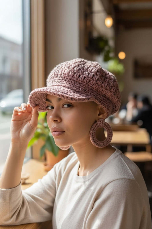 Signature Texture Crown Set- Blush Heirloom – Handcrafted One-of-a-Kind model wearing a crochet cap and earrings in a café.