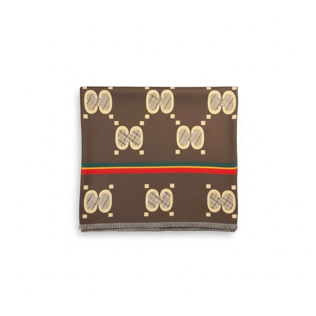 Legacy Luxe Mocha Emblem Heritage Scarf showcasing rich mocha base and latte emblem accents.