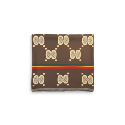 Legacy Luxe Mocha Emblem Heritage Scarf showcasing rich mocha base and latte emblem accents.