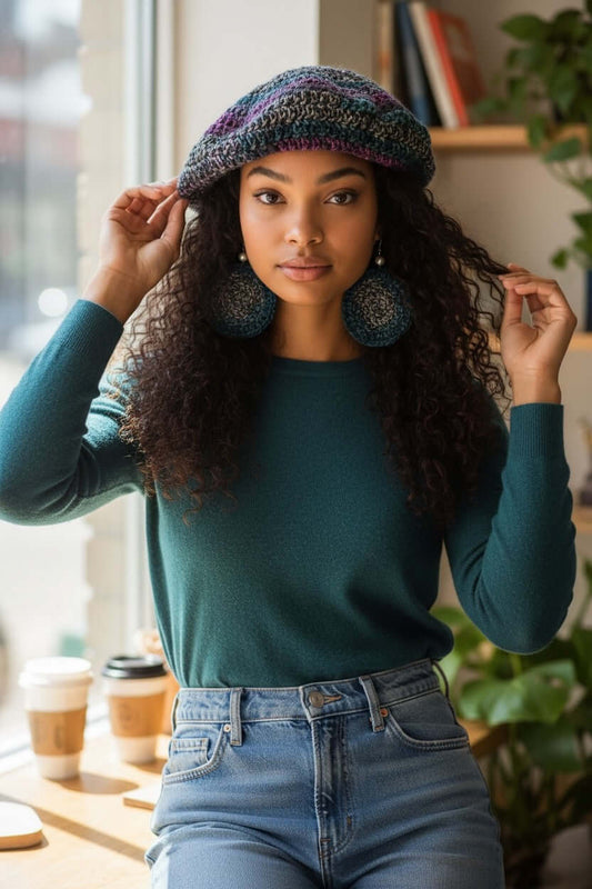 Signature Texture Crown Set- Heritage Muse Beret (Handmade) model showcasing handcrafted beret and earrings.