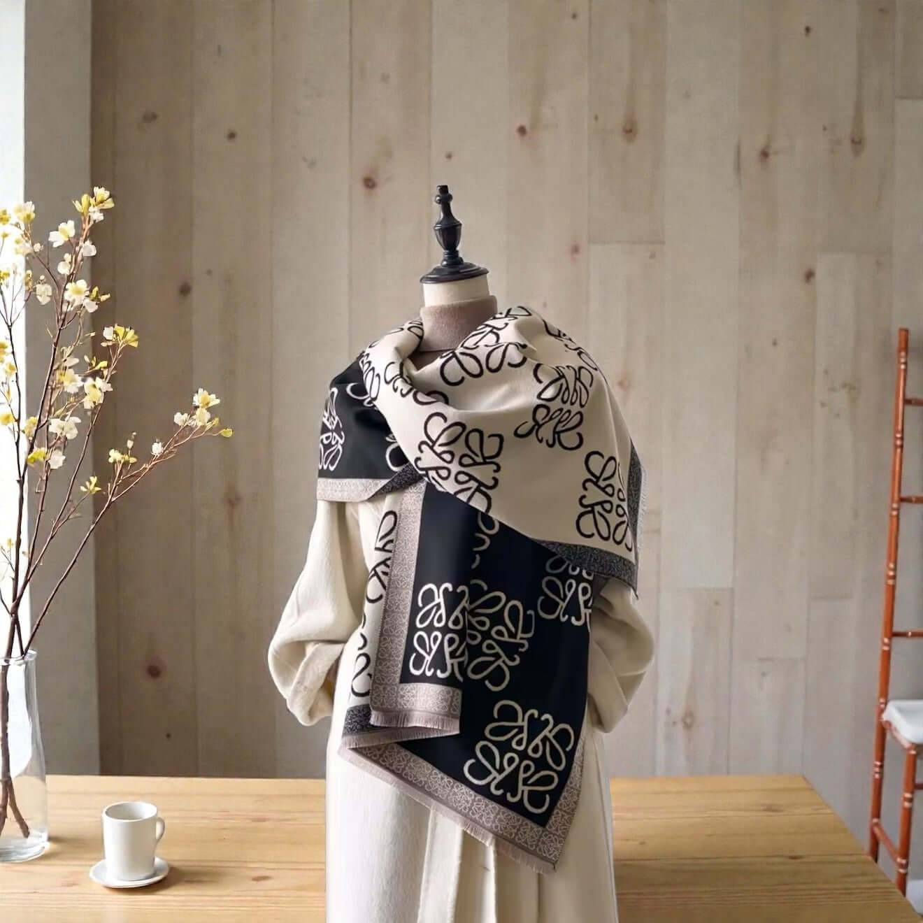 Legacy Luxe Signature Monogram Shawl – Brown or Black displayed on a mannequin, showcasing its elegant design and soft feel.