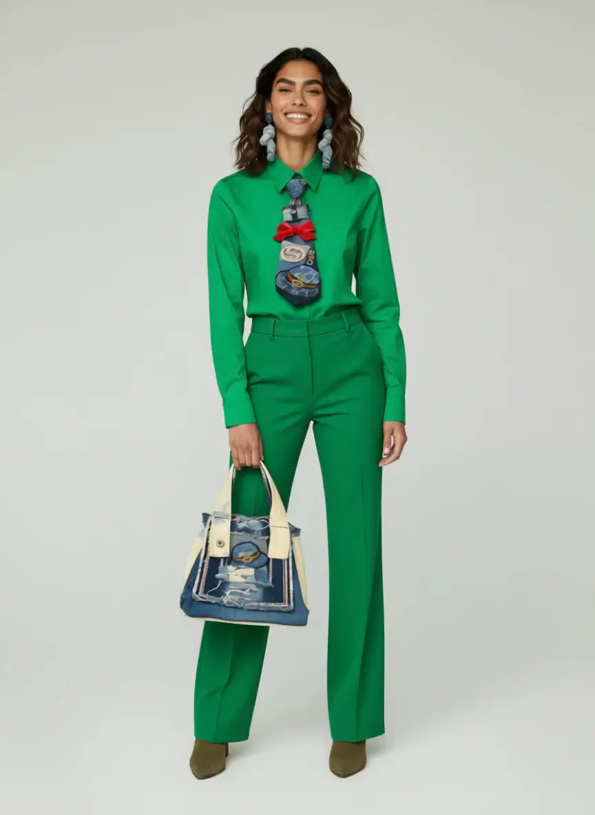 Emerald Rivet Denim Set- Legacy Dealz Exclusive · Handpicked by Jess showcased with a green outfit and denim tote.