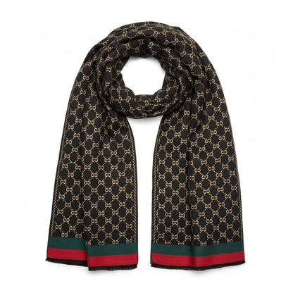 Legacy Luxe Royal Noir Accent Shawl with gold emblem detailing and red-green accent stripes.