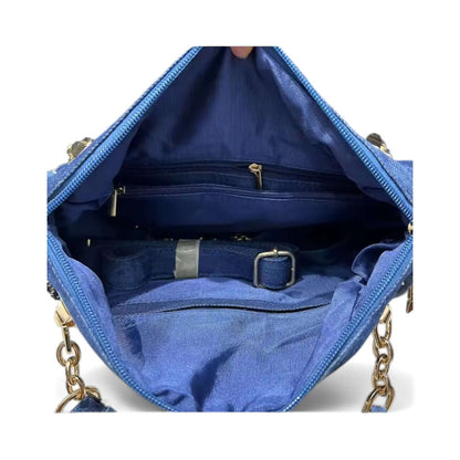 Inside view of the Midnight Chic Crystal Tote – Luxury Embellished Denim Bag showcasing spacious compartments and lining.