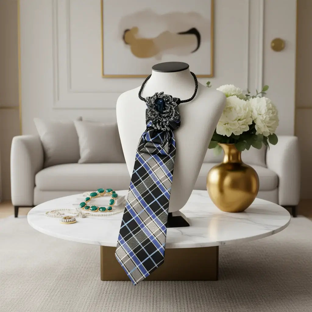 Sapphire Noir Statement Tie Necklace – Handcrafted One-of-One displayed on a mannequin with floral brooch centerpiece.
