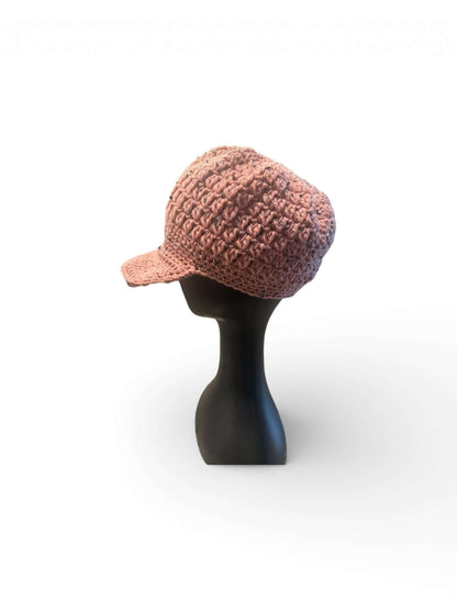 Signature Texture Crown Set- Blush Heirloom – Handcrafted One-of-a-Kind crochet newsboy cap side view on display.
