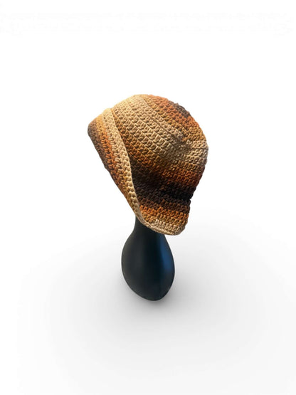 Signature Texture Crown Set- Earthtone Harmony – Handmade knit crochet hat in earthy tones on display.