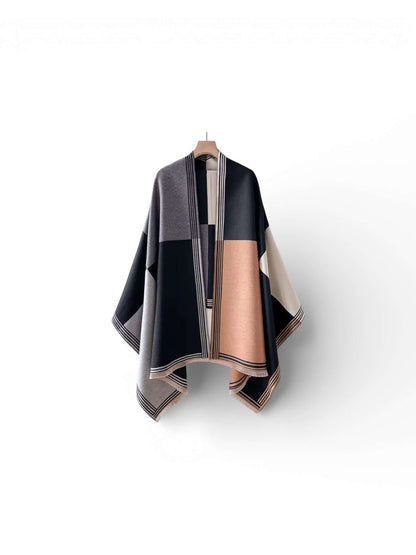 Monarch Colorblock Luxe Shawl Wrap – Soft Cashmere-Feel Poncho displayed in a stylish colorblock design.