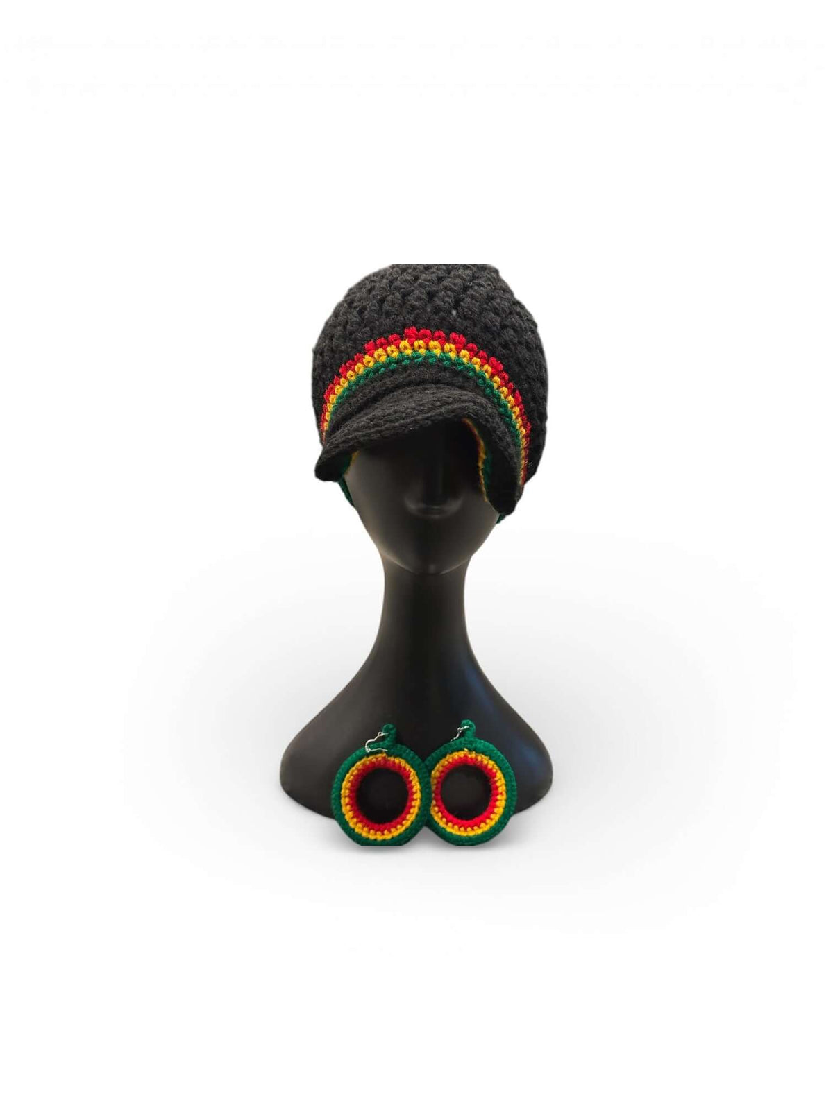 Handmade Red Gold & Green One of One- Heritage Stripe hat and earrings set on display.