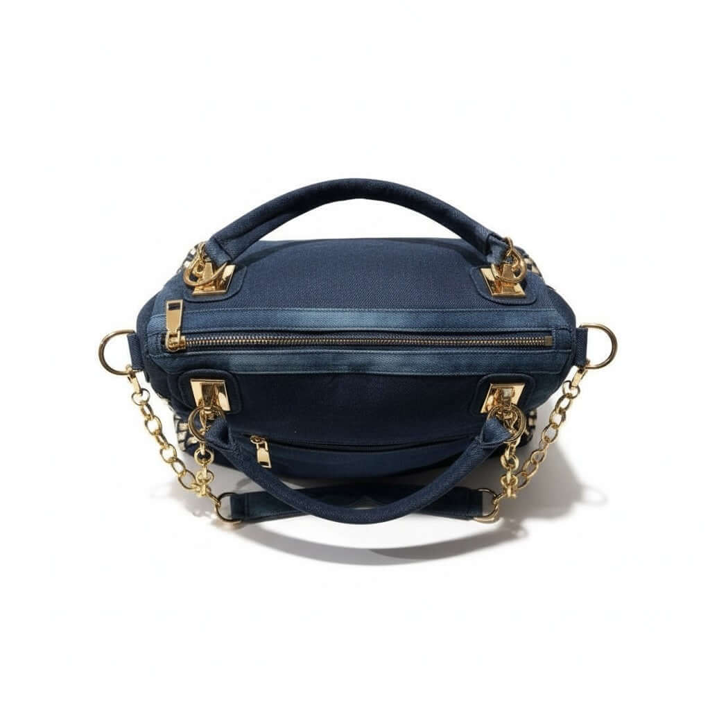 Midnight Chic Crystal Tote – Luxury Embellished Denim Bag with gold hardware and structured design.