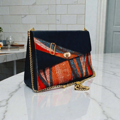 Claire Artisan Luxe Crossbody – Custom Handcrafted Statement Bag with navy flap and vibrant multi-tone design.