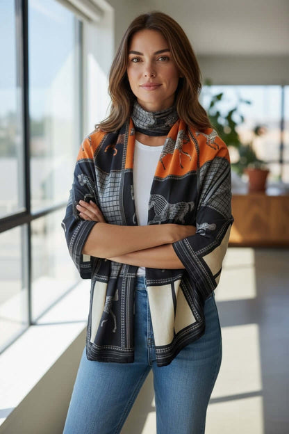 Legacy Luxe Savannah Noir Safari Wrap showcasing bold orange accents and rich charcoal tones on a stylish model.