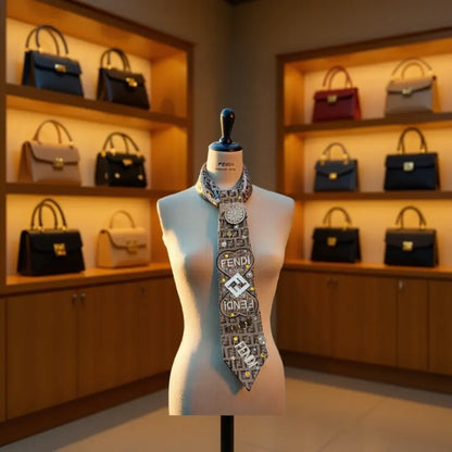The Taupe Monarch Signature Tie displayed on a mannequin with luxury handbags in the background.