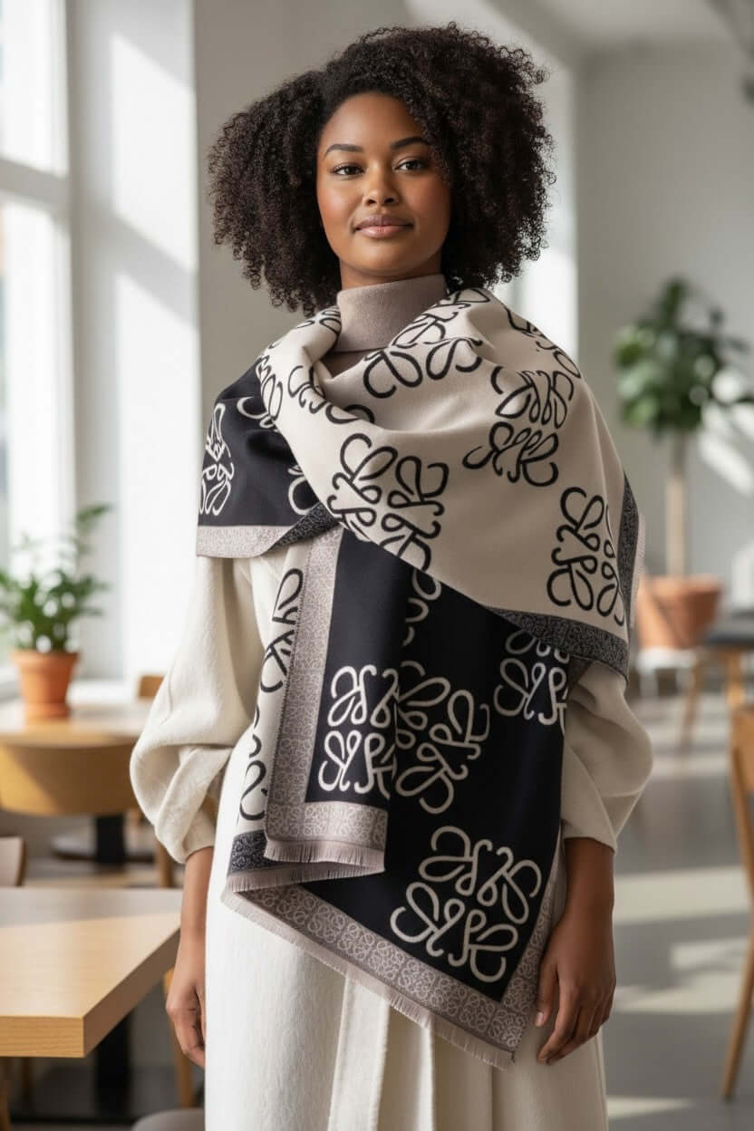 Legacy Luxe Signature Monogram Shawl – Brown or Black styled elegantly by a model in a bright indoor setting.