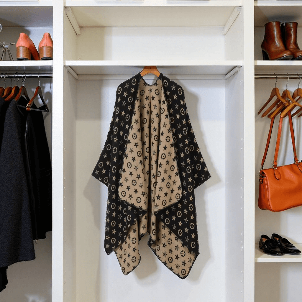 Reversible Star Print Poncho/ Shawl hanging in a modern closet, showcasing its bold star print and neutral side.