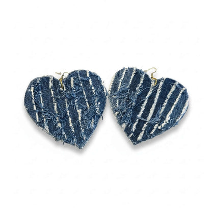 Blue Jean Soul – Handcrafted Heart Earrings made from reclaimed denim with unique fray and texture.