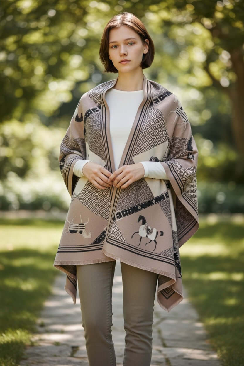 Equestrian Heritage Luxe Shawl – Cashmere-Feel Oversized Statement Wrap draped elegantly over a model outdoors.