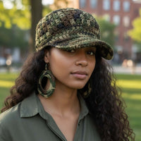 Signature Texture Crown Set -Heritage Camo (Limited Handcrafted Run) worn by a woman in outdoor setting with stylish earrings.