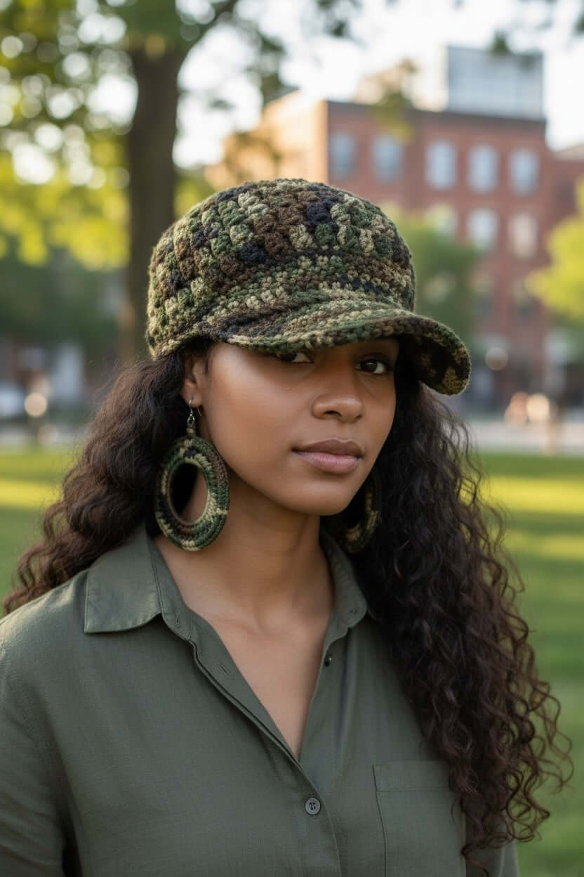 Signature Texture Crown Set -Heritage Camo (Limited Handcrafted Run) worn by a woman in outdoor setting with stylish earrings.