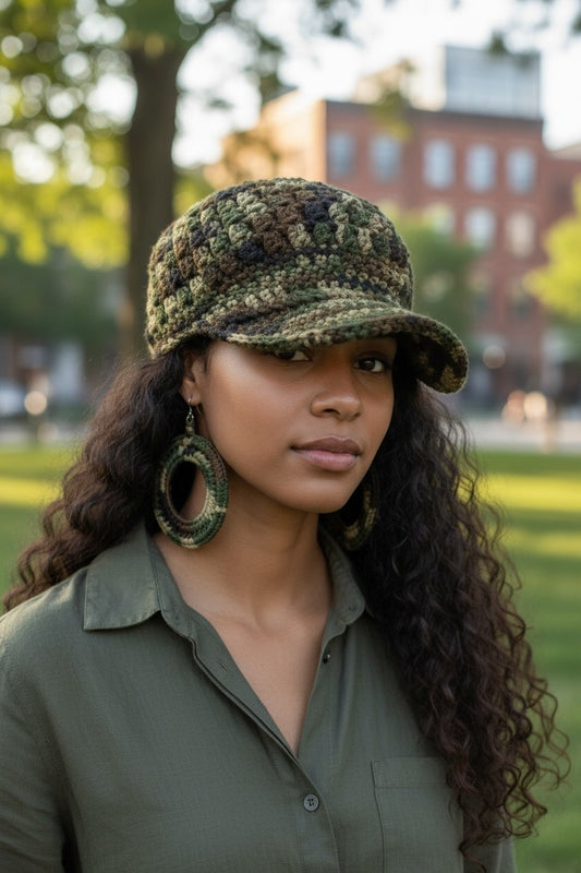 Heritage Camo Crochet Cap & Statement Earring Set (Limited Handcrafted Run)
