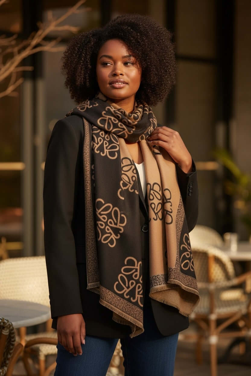 Woman wearing the Legacy Luxe Signature Monogram Shawl – Brown or Black styled with a blazer in an outdoor setting.