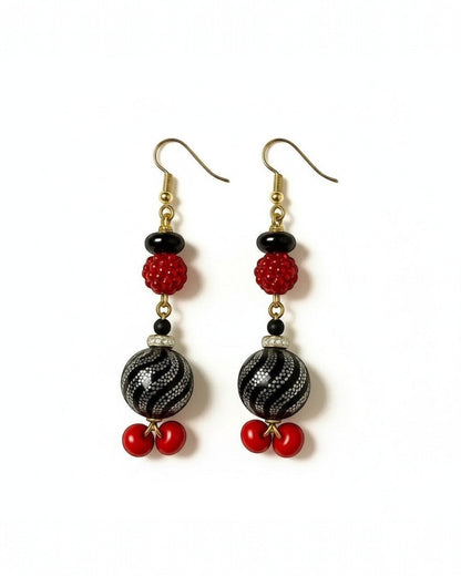 Legacy Dealz black and red beaded dangle earrings with cherry charms and silver swirl detail.